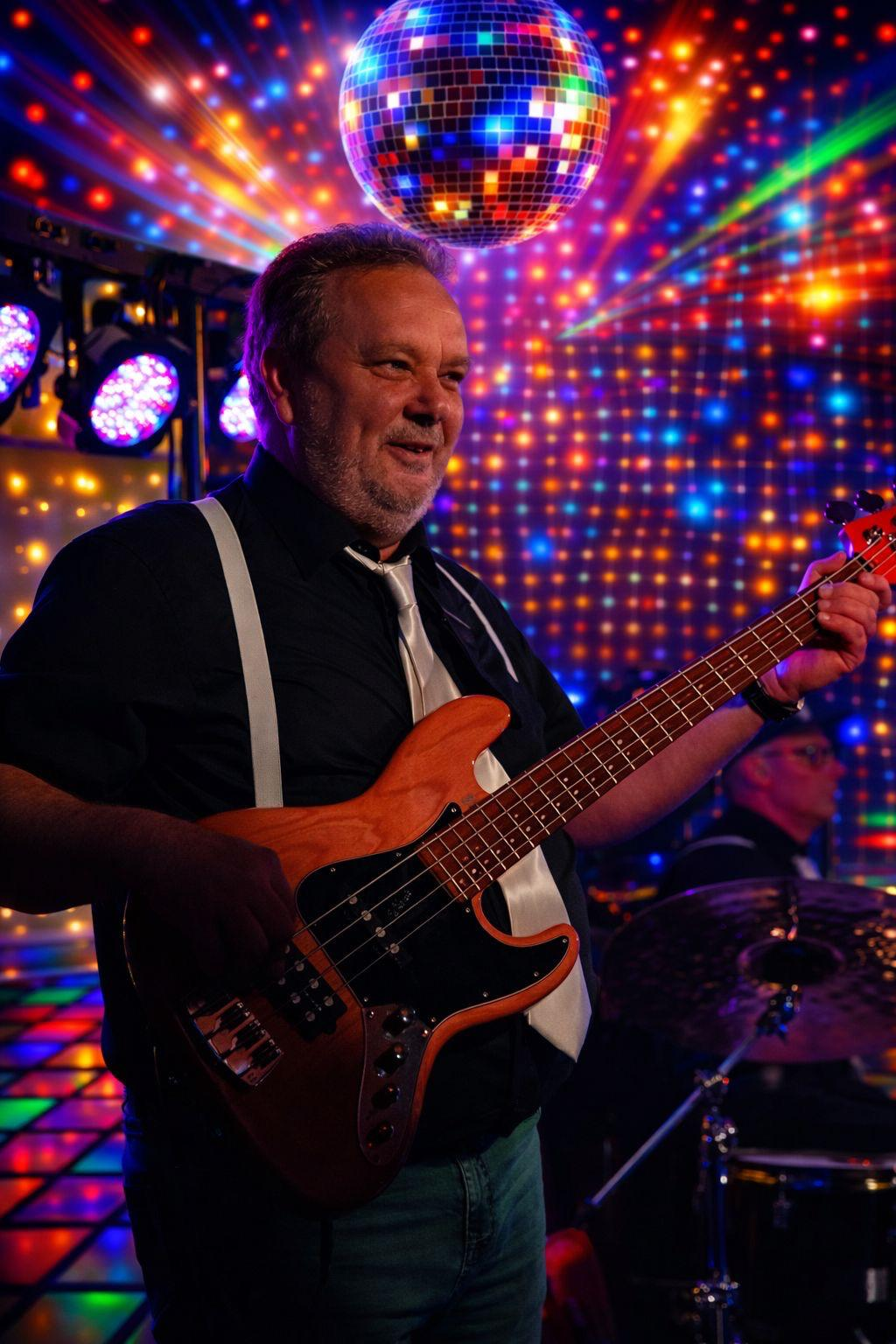Eddie speelt basgitaar bij GoodTimes